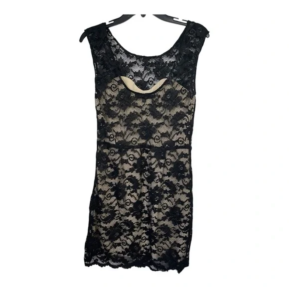 Love Stitch Lace Overlay Nude Lining Sleeveless Mini Dress Side Zipper Medium - Picture 5 of 12